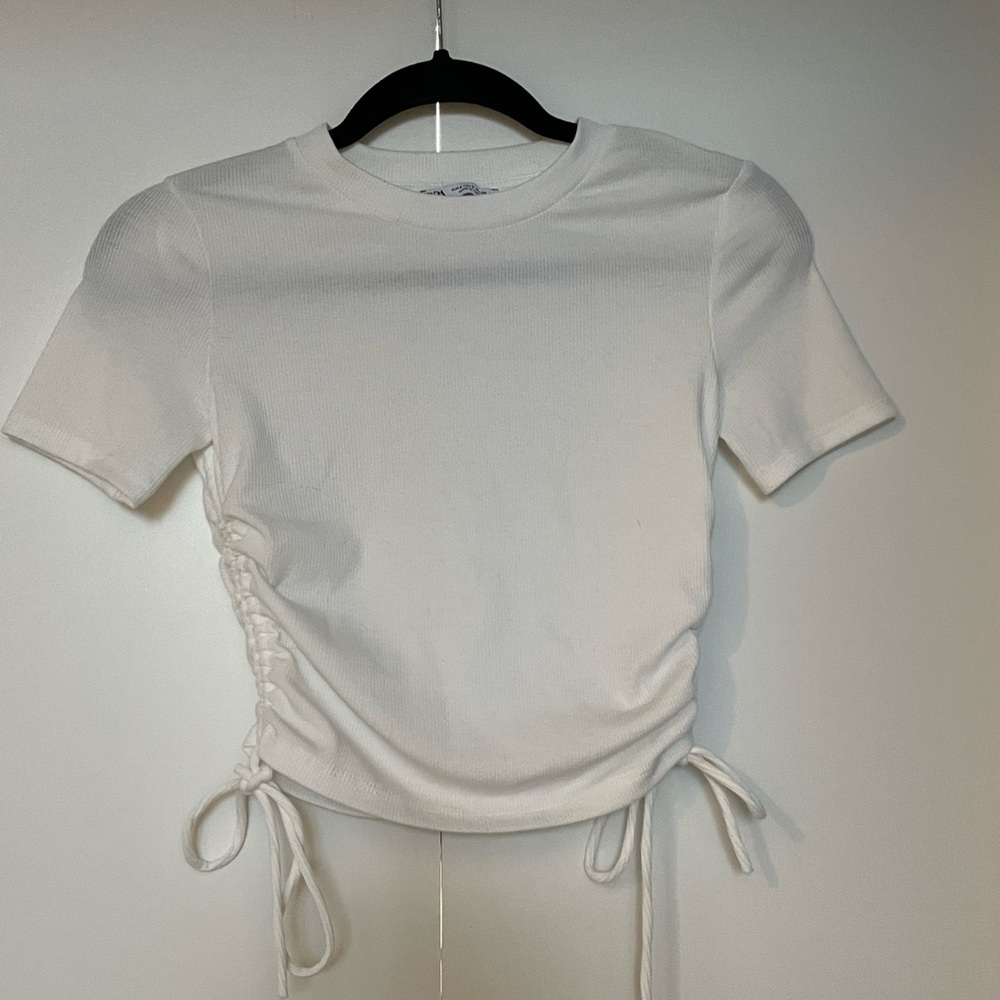 Zara Ruched Ribbed White Top - Picture 3 of 5